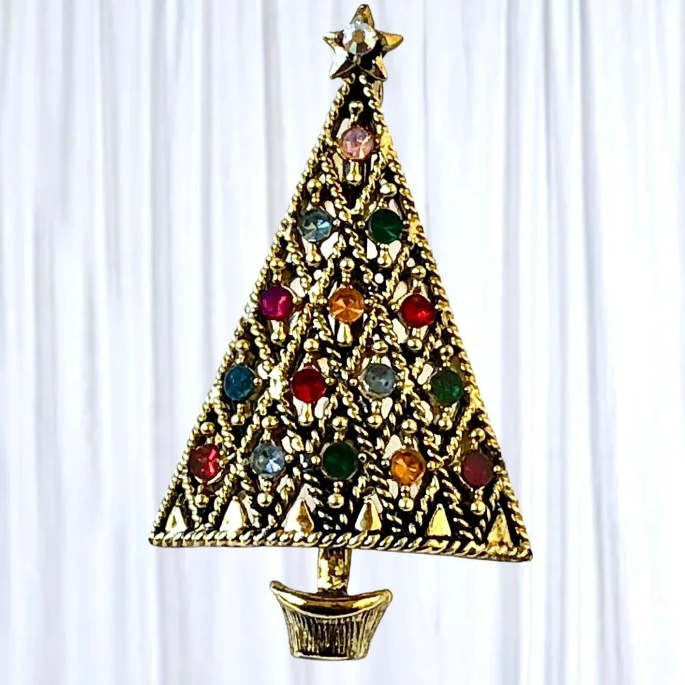 HOLLYCRAFT Vintage Christmas Tree Brooch Pin Multi-Color Rhinestones Signed